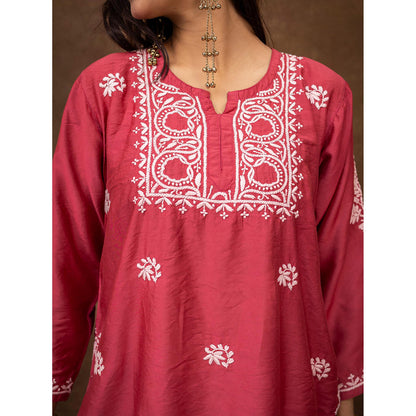 The Chikan Label Dhanvi Rani Pink Chanderi Chikankari Kurta Farshi Salwar Set