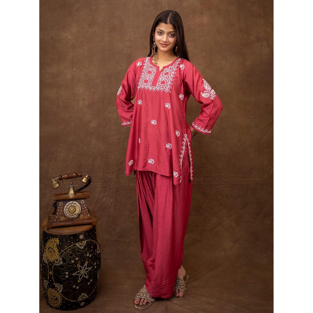 The Chikan Label Dhanvi Rani Pink Chanderi Chikankari Kurta Farshi Salwar Set