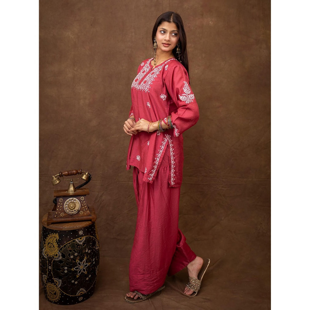 The Chikan Label Dhanvi Rani Pink Chanderi Chikankari Kurta Farshi Salwar Set