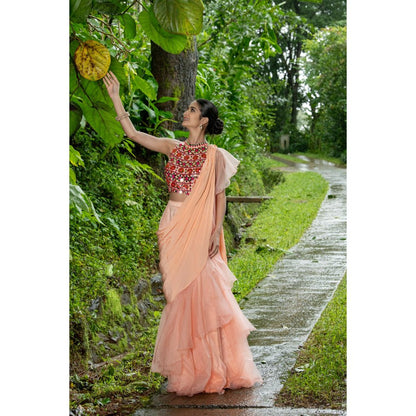 THE FRONT ROW COUTURE BY SEEMA KASHYAP Pre-Draped Peach Saree with Stitched Blouse