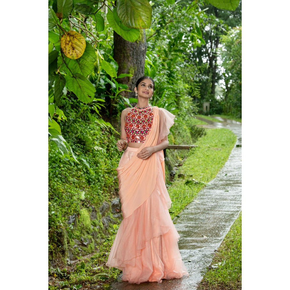 THE FRONT ROW COUTURE BY SEEMA KASHYAP Pre-Draped Peach Saree with Stitched Blouse