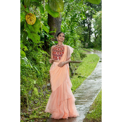 THE FRONT ROW COUTURE BY SEEMA KASHYAP Pre-Draped Peach Saree with Stitched Blouse