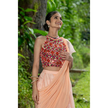 THE FRONT ROW COUTURE BY SEEMA KASHYAP Pre-Draped Peach Saree with Stitched Blouse