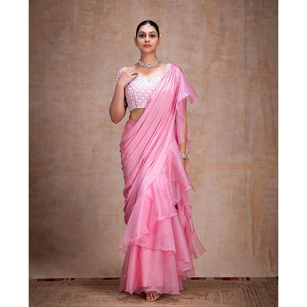 THE FRONT ROW COUTURE BY SEEMA KASHYAP Pre-Draped Baby Pink Saree with Stitched Blouse