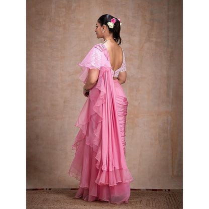 THE FRONT ROW COUTURE BY SEEMA KASHYAP Pre-Draped Baby Pink Saree with Stitched Blouse