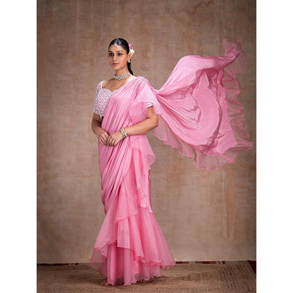 THE FRONT ROW COUTURE BY SEEMA KASHYAP Pre-Draped Baby Pink Saree with Stitched Blouse
