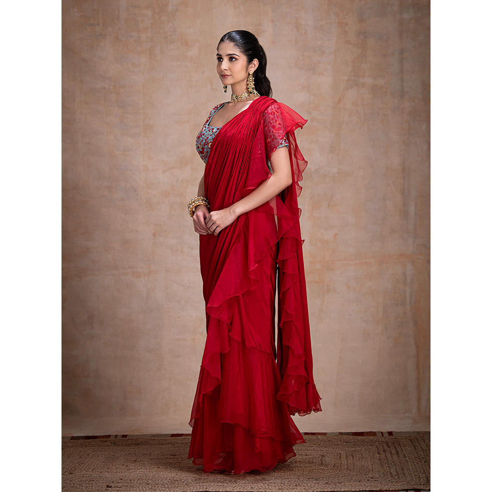 THE FRONT ROW COUTURE BY SEEMA KASHYAP Pre-Draped Red Saree with Stitched Blouse