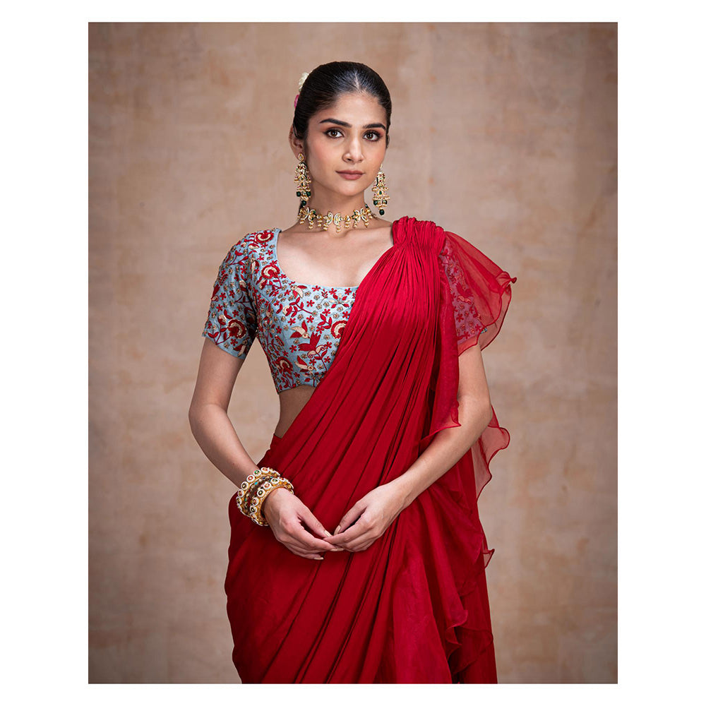 THE FRONT ROW COUTURE BY SEEMA KASHYAP Pre-Draped Red Saree with Stitched Blouse