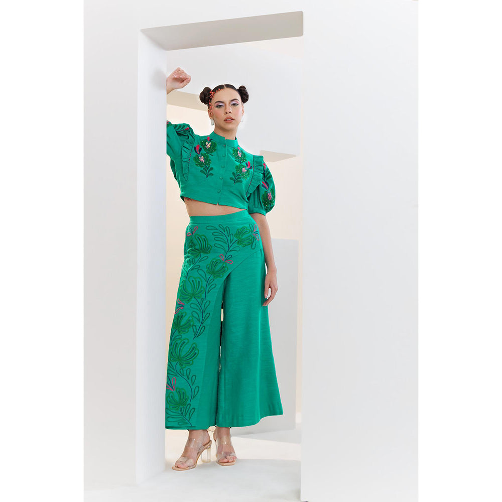 THE SILK LOVE Green Shadow Bloom Flap Co-Ord Set