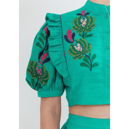 THE SILK LOVE Green Shadow Bloom Flap Co-Ord Set