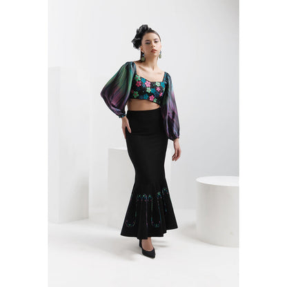 THE SILK LOVE Black Waves Peplum Skirt with Poppy Crop Top