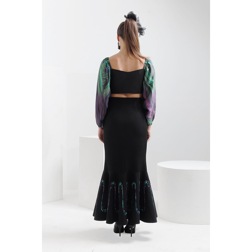 THE SILK LOVE Black Waves Peplum Skirt with Poppy Crop Top