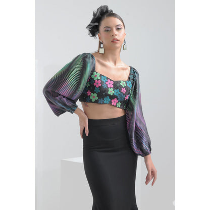 THE SILK LOVE Black Waves Peplum Skirt with Poppy Crop Top