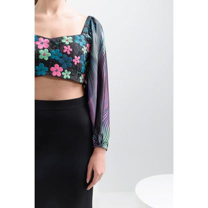 THE SILK LOVE Black Waves Peplum Skirt with Poppy Crop Top