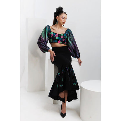 THE SILK LOVE Black Waves Peplum Skirt with Poppy Crop Top