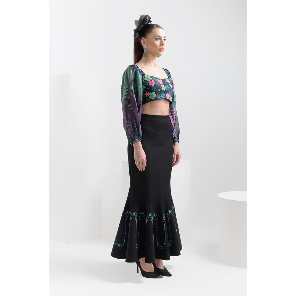 THE SILK LOVE Black Waves Peplum Skirt with Poppy Crop Top