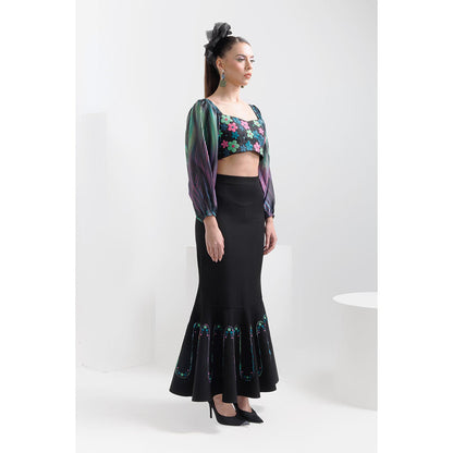 THE SILK LOVE Black Waves Peplum Skirt with Poppy Crop Top