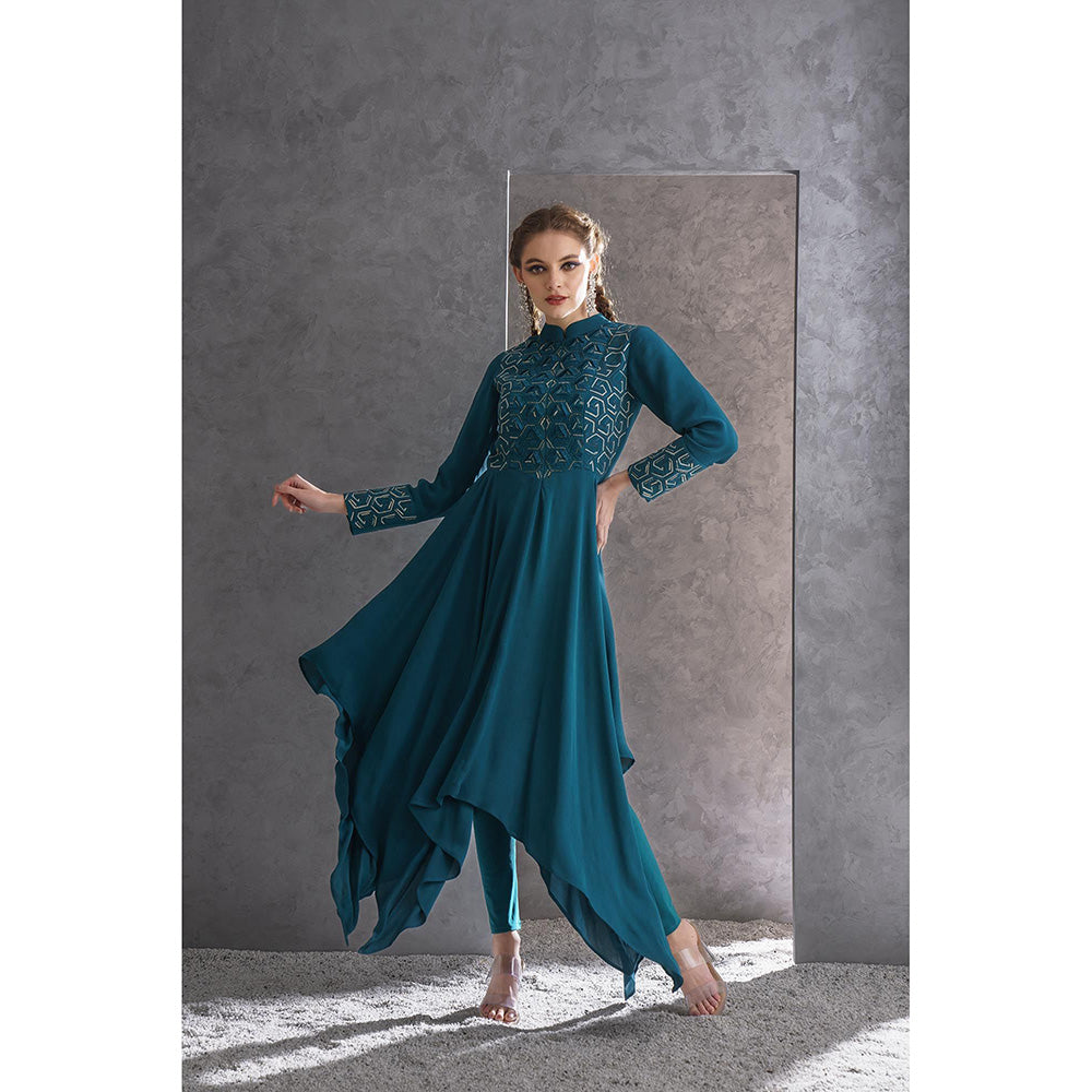 THE SILK LOVE Naksh Teal Beaded Embroidered Kurta With Pant