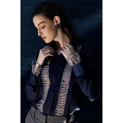 THE SILK LOVE Aesthetic Waves Satin Crepe Shirt In Power Blue