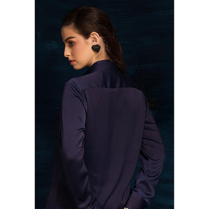 THE SILK LOVE Aesthetic Waves Satin Crepe Shirt In Power Blue