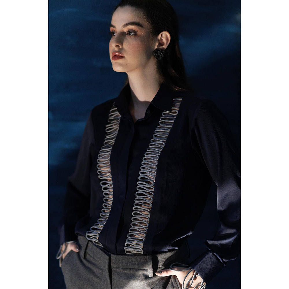 THE SILK LOVE Aesthetic Waves Satin Crepe Shirt In Power Blue