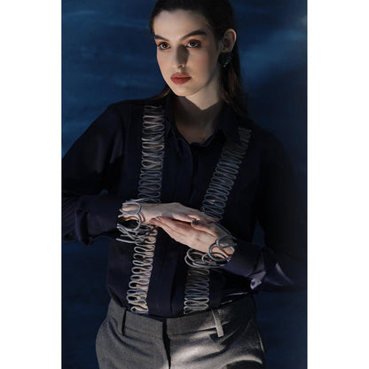 THE SILK LOVE Aesthetic Waves Satin Crepe Shirt In Power Blue