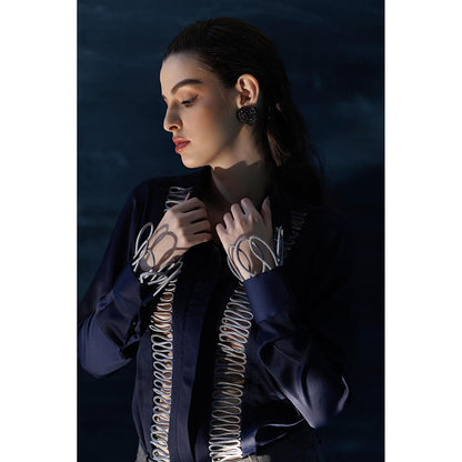 THE SILK LOVE Aesthetic Waves Satin Crepe Shirt In Power Blue