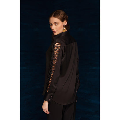 THE SILK LOVE Aesthetic Waves Satin Crepe Shirt In Black