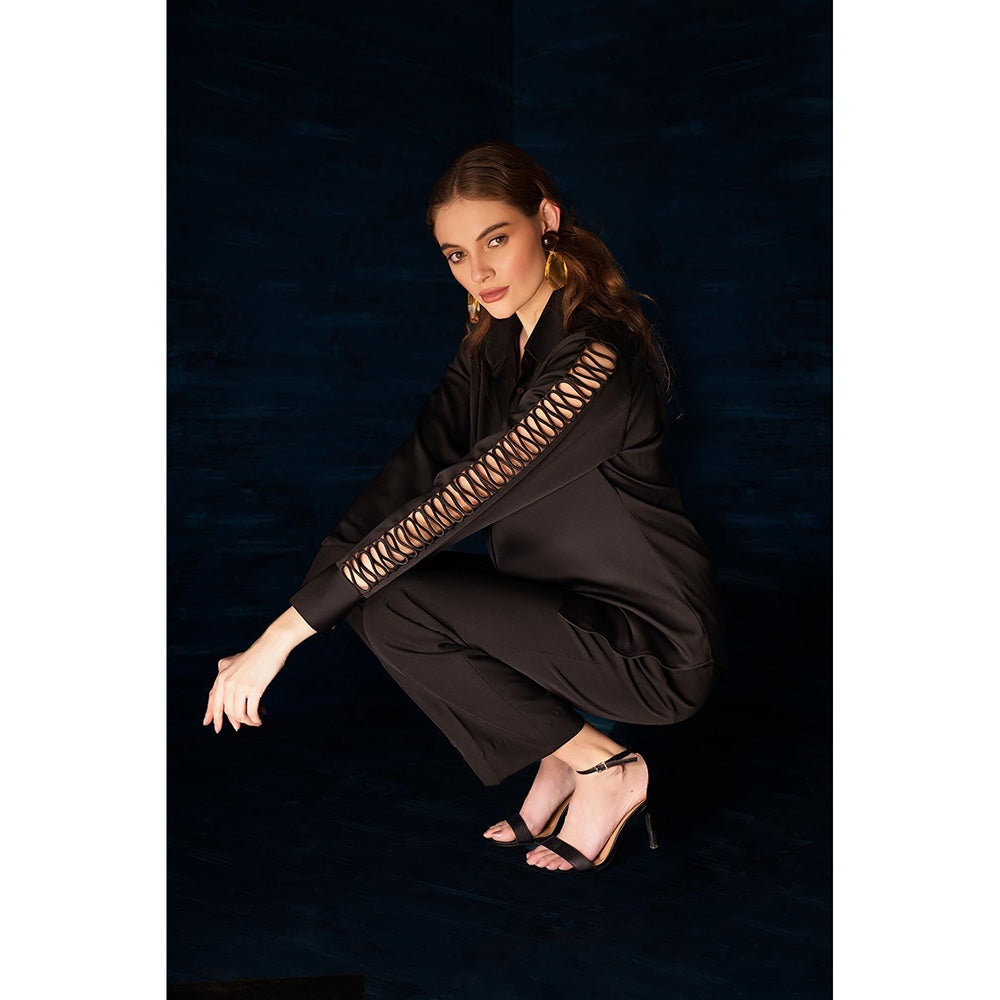 THE SILK LOVE Aesthetic Waves Satin Crepe Shirt In Black