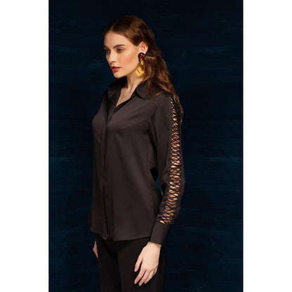 THE SILK LOVE Aesthetic Waves Satin Crepe Shirt In Black