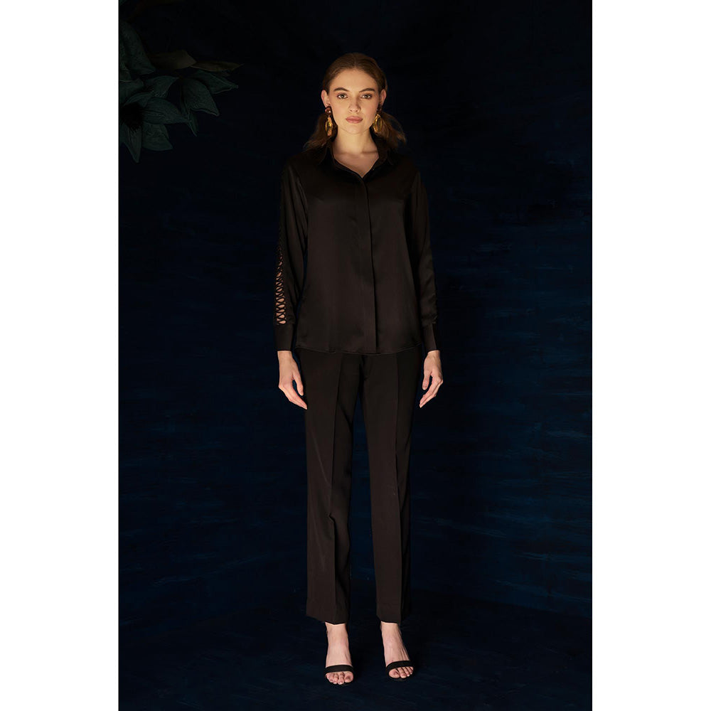THE SILK LOVE Aesthetic Waves Satin Crepe Shirt In Black