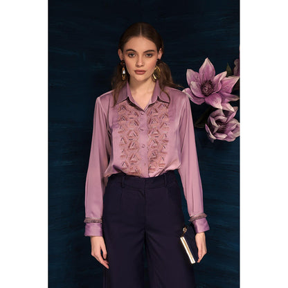 THE SILK LOVE Trendy Rhombus Satin Crepe Shirt In Mauve