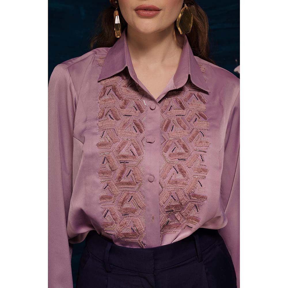 THE SILK LOVE Trendy Rhombus Satin Crepe Shirt In Mauve