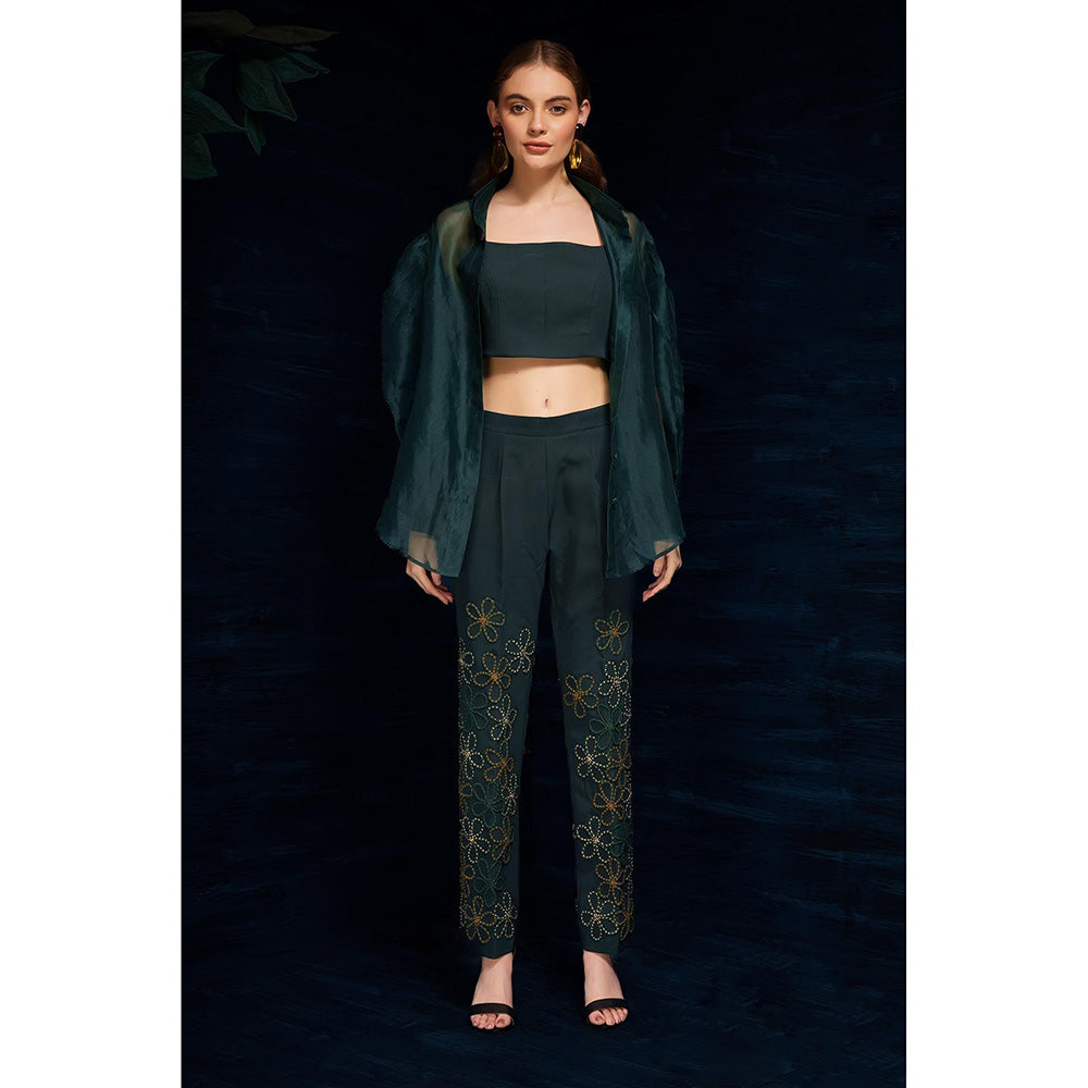THE SILK LOVE Charming Flower Web Pants In Midnight Green