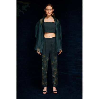 THE SILK LOVE Charming Flower Web Pants In Midnight Green