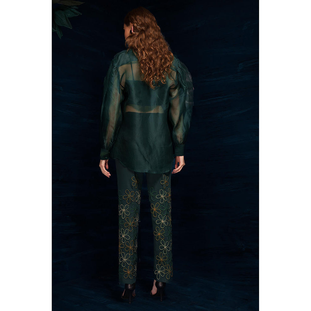 THE SILK LOVE Charming Flower Web Pants In Midnight Green