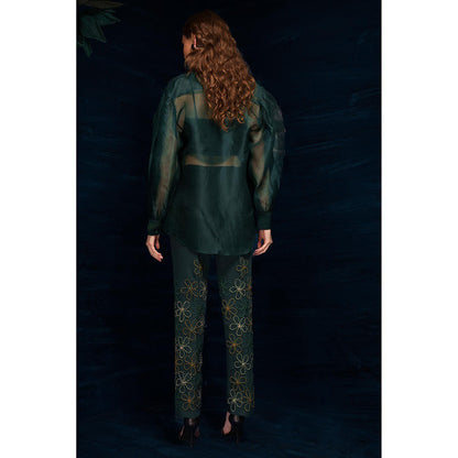 THE SILK LOVE Charming Flower Web Pants In Midnight Green