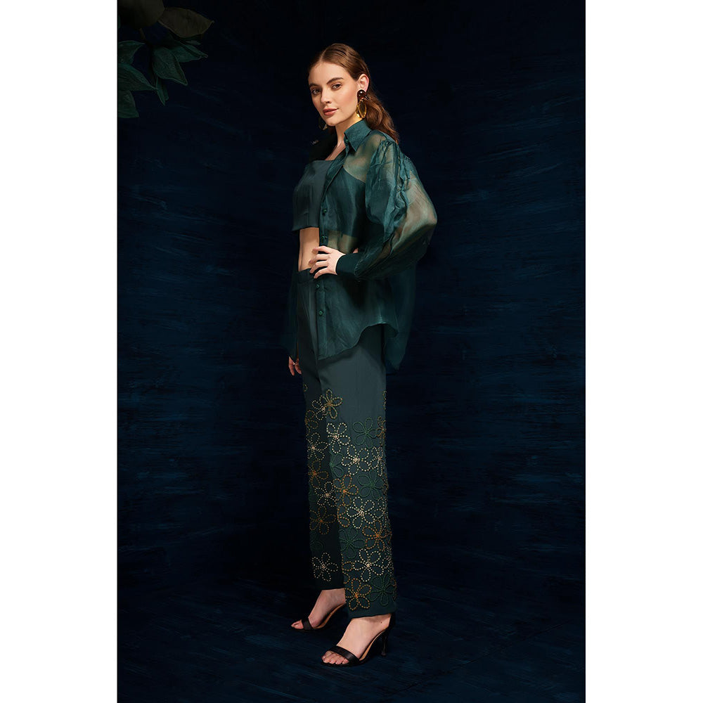 THE SILK LOVE Charming Flower Web Pants In Midnight Green
