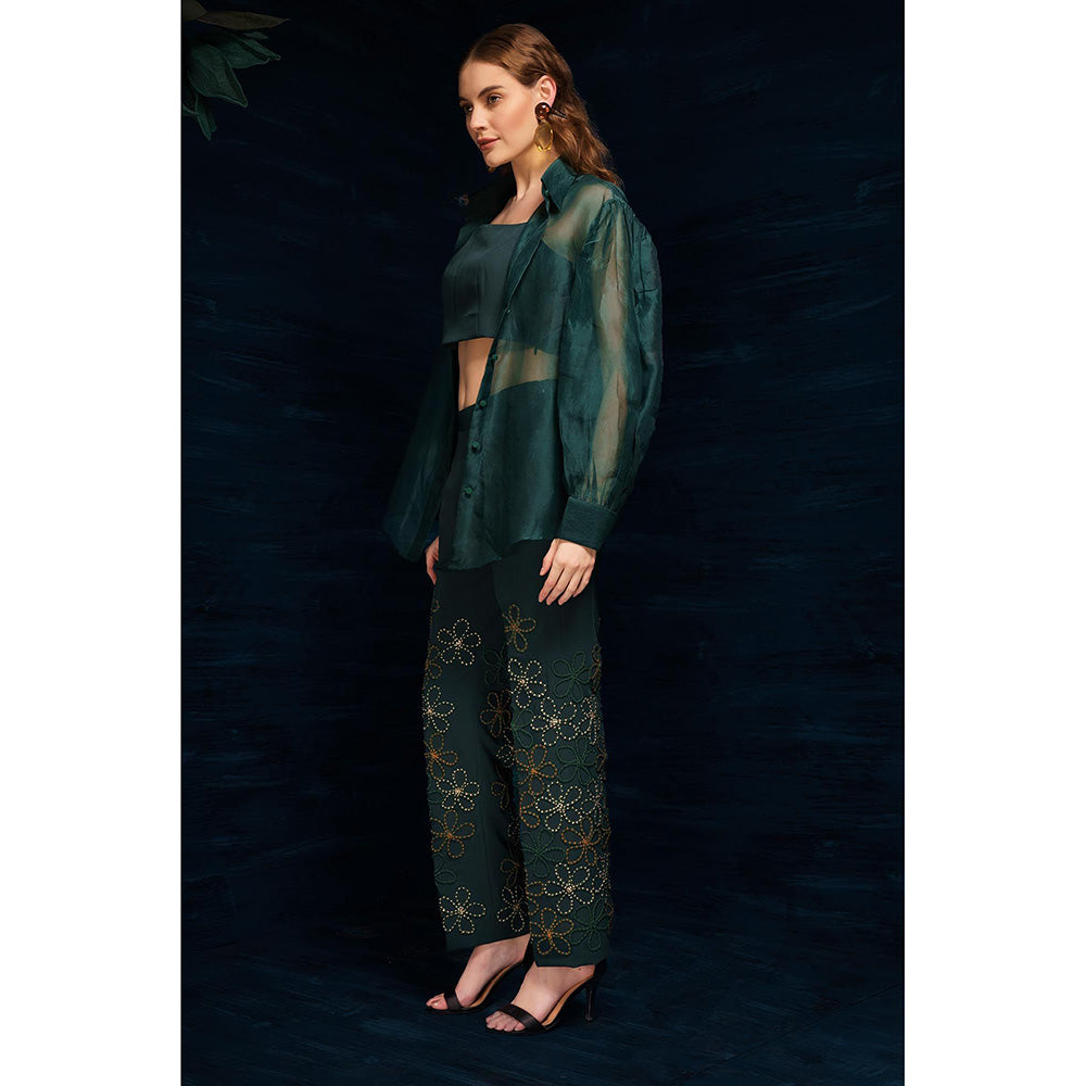 THE SILK LOVE Charming Flower Web Pants In Midnight Green