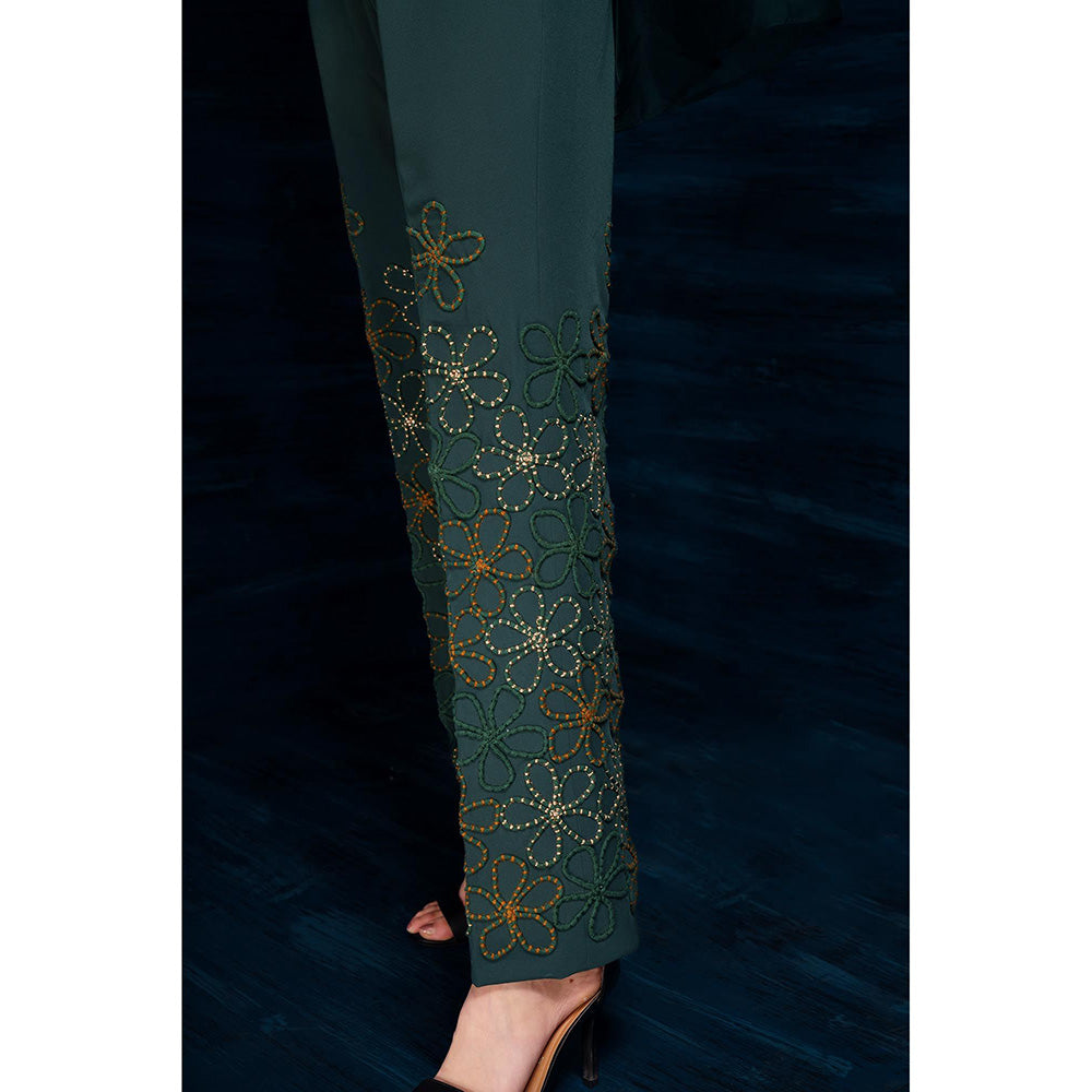 THE SILK LOVE Charming Flower Web Pants In Midnight Green