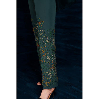 THE SILK LOVE Charming Flower Web Pants In Midnight Green
