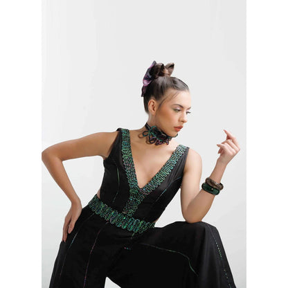 THE SILK LOVE Flared Silk Jumpsuit In Kohl Black