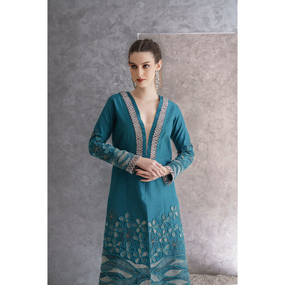 THE SILK LOVE Womens Silk Embroidered Teal Kurta with Pant