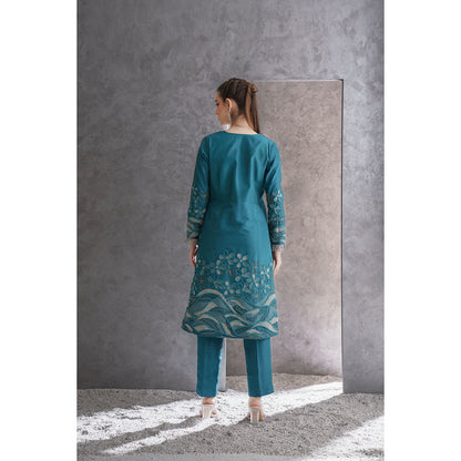 THE SILK LOVE Womens Silk Embroidered Teal Kurta with Pant