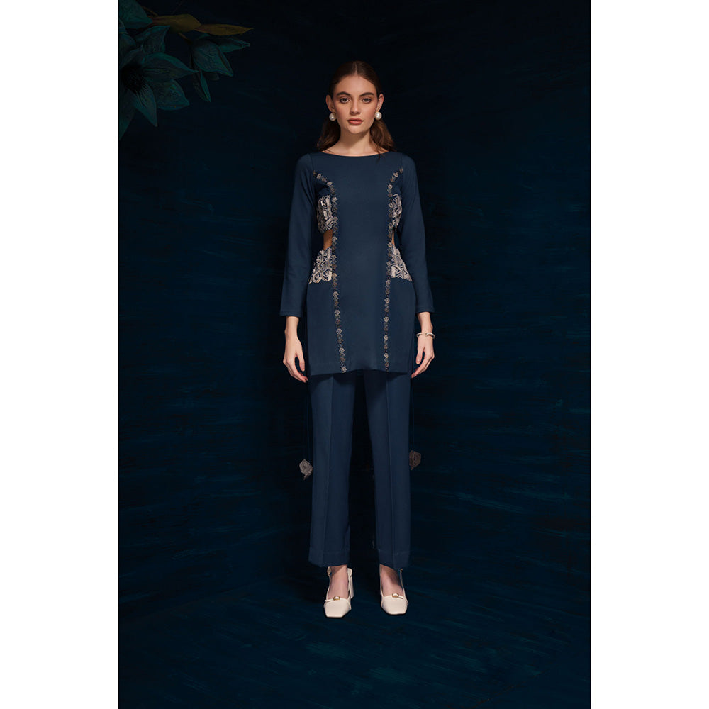 THE SILK LOVE Womens Lycra Embroidered Teal Co-Ord Set