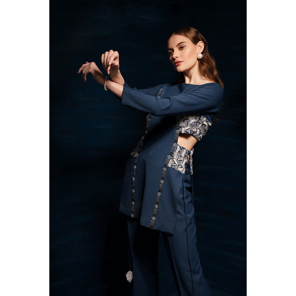 THE SILK LOVE Womens Lycra Embroidered Teal Co-Ord Set