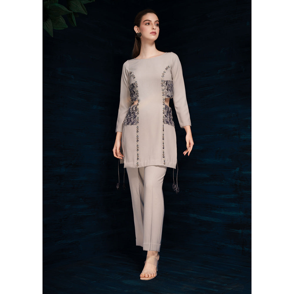 THE SILK LOVE Womens Lycra Embroidered Grey Co-Ord Set