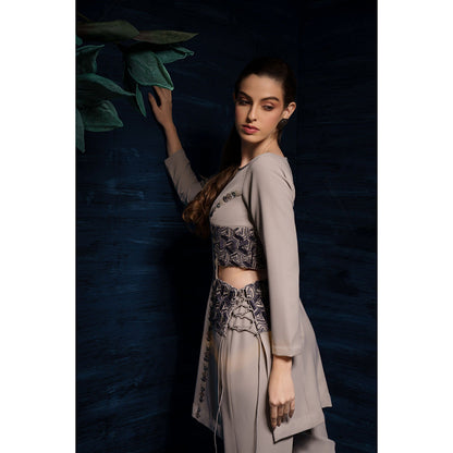 THE SILK LOVE Womens Lycra Embroidered Grey Co-Ord Set