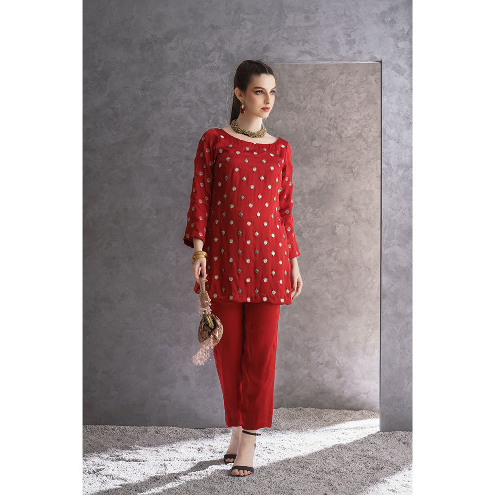THE SILK LOVE Womens Silk Embroidered Red Kurti with Pant
