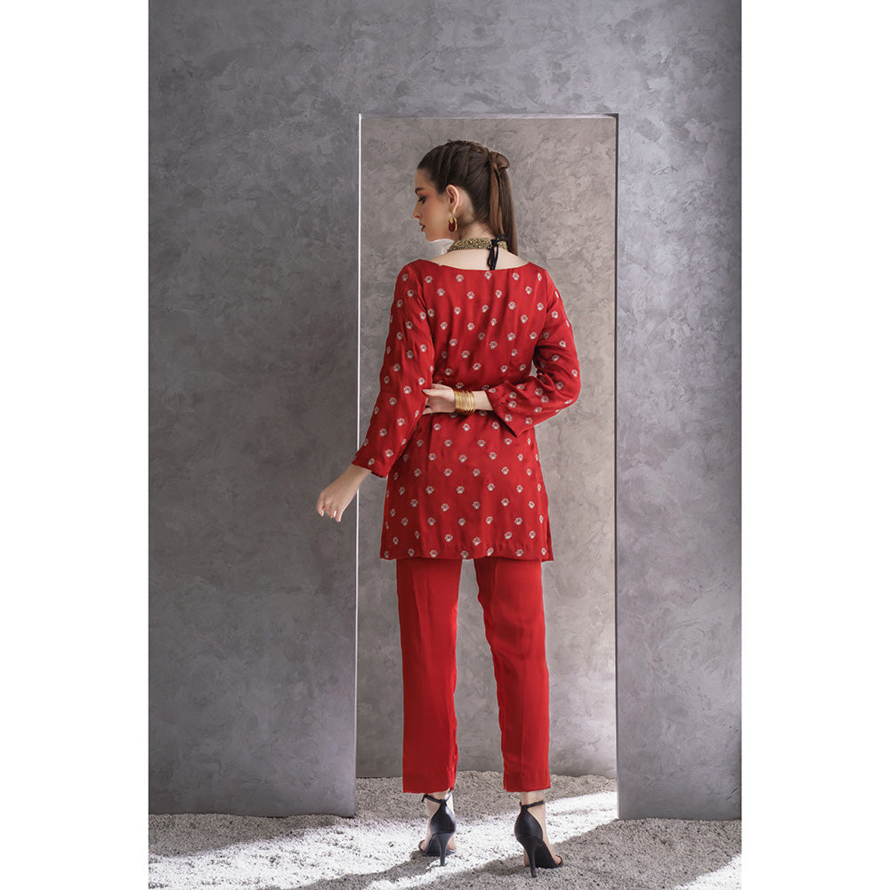 THE SILK LOVE Womens Silk Embroidered Red Kurti with Pant